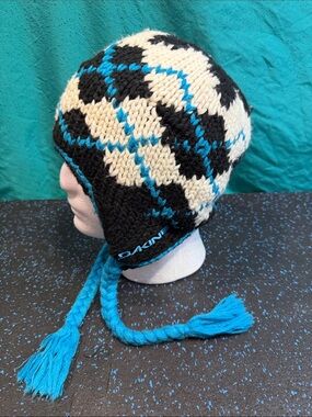 Dakine Black Blue Cream Knit Earflap Beanie